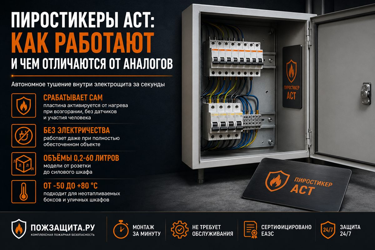 Пиростикеры АСТ, как работают и чем отличаются от аналогов Пиростикер АСТ внутри электрощита, автономное устройство пожаротушения